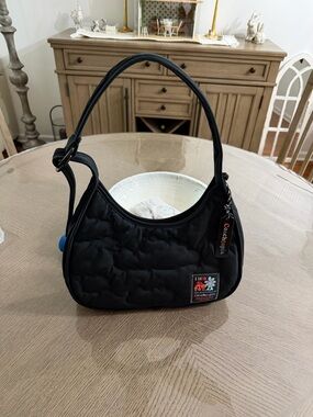 Quilted Black Shoulder Bag with Colorful Patch